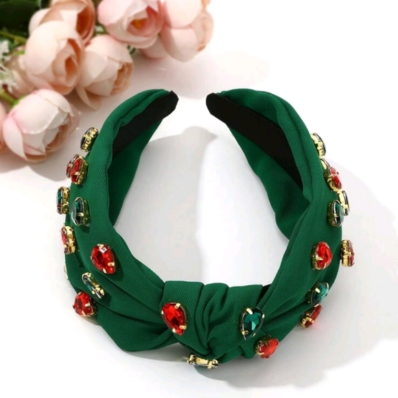 Wide headband with knot design with stones in green and red colors - Picture 3 of 3